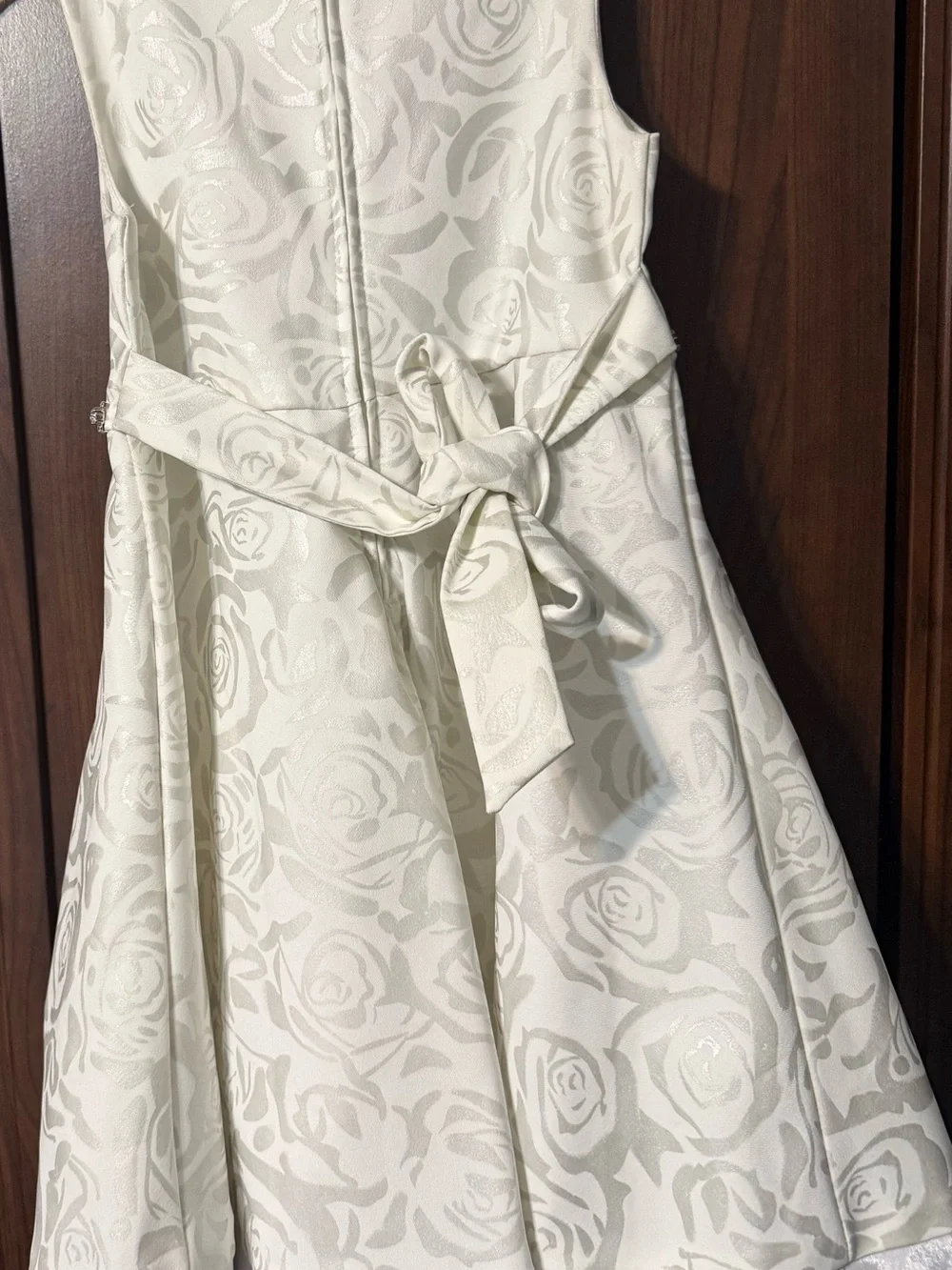 Rare Editions White Floral Jacquard Dress with Rhinestone Belt